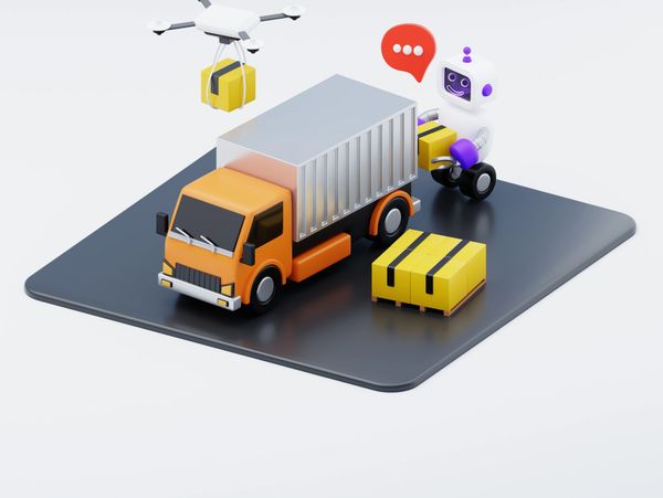 3D illustration of automated delivery with drone, robot, and truck handling packages.