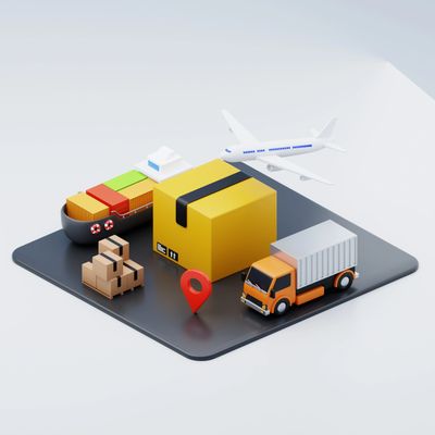 3D icons of shipping methods including airplane, ship, truck, and packages on a digital platform.