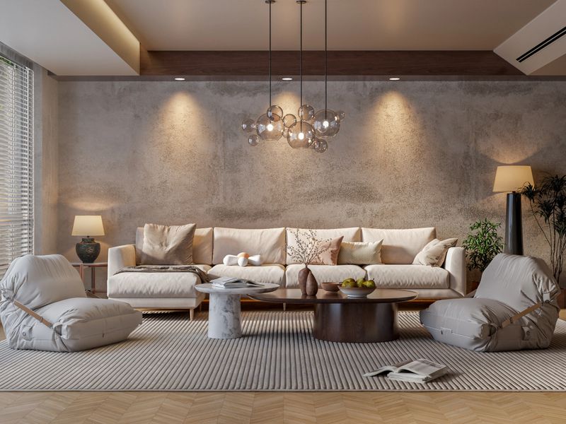 Cozy & Warm Living Room: Comfortable Modern Interior with Textured Wall, Sculptural Chandelier, and Ambient Lighting. High-Quality 3D Architectural Render.