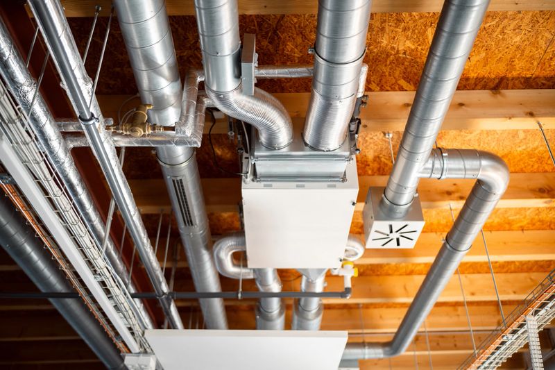 This image showcases a view of industrial pipes and ducts installed on a ceiling. It highlights the complexity of the ventilation and plumbing systems in a commercial space, making it suitable for discussions on building infrastructure and maintenance.