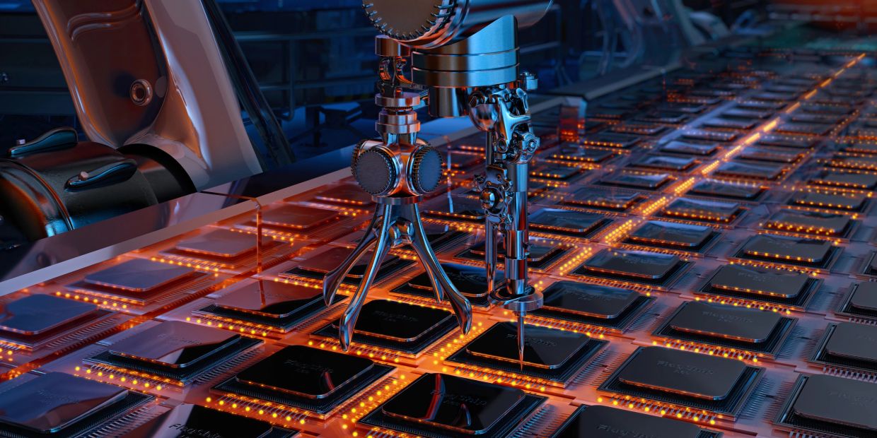 Futuristic robotic arms working on microchips on a production line.