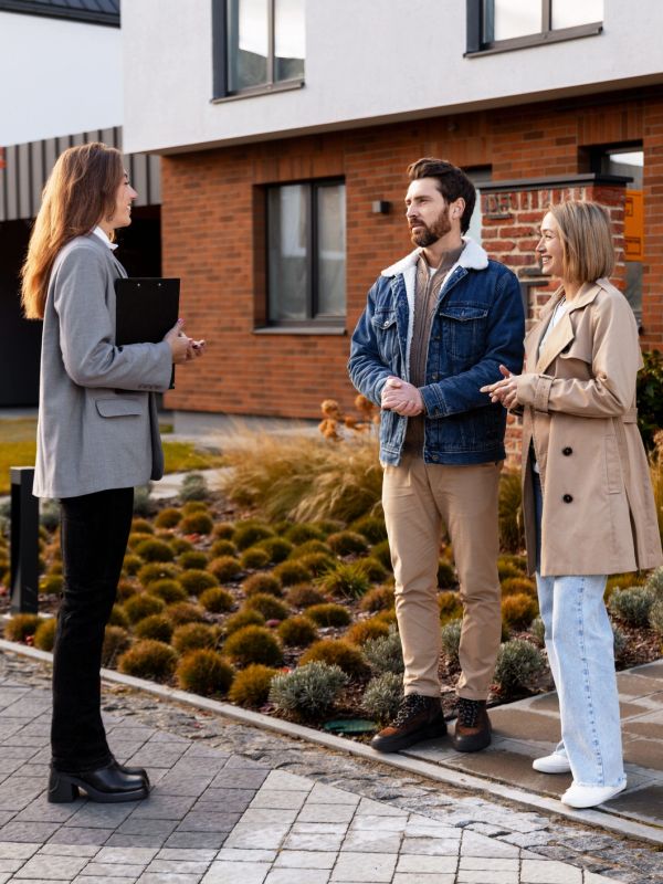 Real estate agent talking with a couple outside a house.