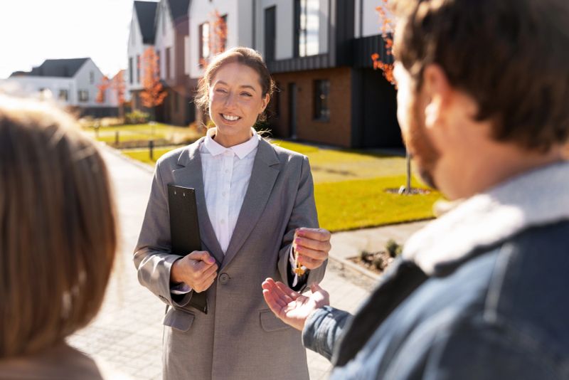 Real estate agent handing over house keys to a young couple in front of their new home
