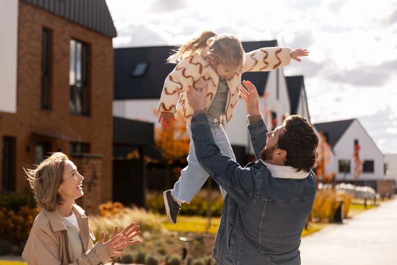 Happy family enjoys playtime together in front of modern townhouses