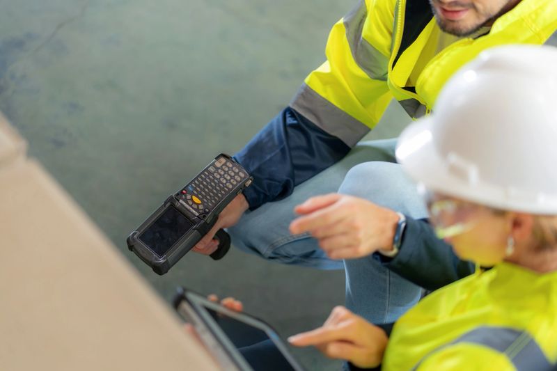 Two warehouse workers wearing protective workwear are scanning barcodes with a barcode reader and verifying product data on a digital tablet in a large distribution warehouse. The scene shows teamwork, accuracy, and modern inventory management in the supply chain industry.