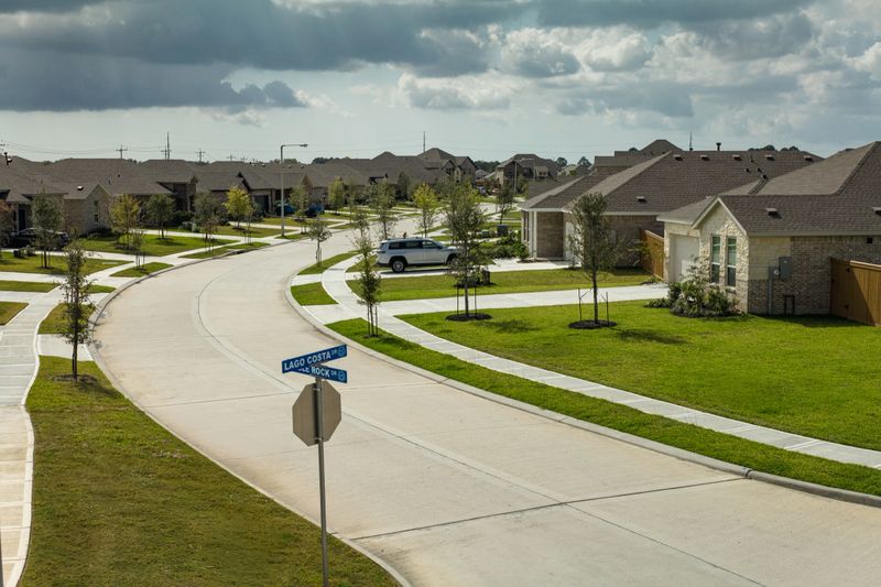 Aerial shot of single family homes under construction in a residential subdivision in Texas City, Texas on a Fall day.