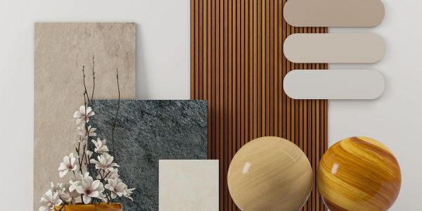 Decorative arrangement with wooden spheres and panels.