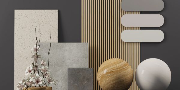 Modern decorative arrangement with natural elements and geometric shapes.