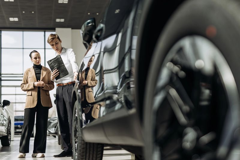 Professional car salesman presenting vehicle details to a potential buyer in a modern dealership, showcasing sleek design and customer engagement in a bright showroom environment
