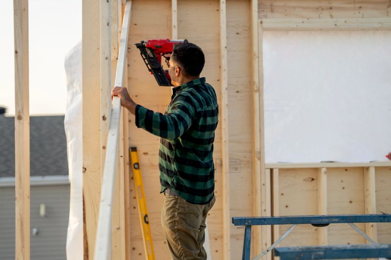 A Hispanic construction worker in a green plaid shirt stands inside a wooden frame, operating a nail gun as part of a home renovation project. Focused, skilled, and professional in a building site setting.