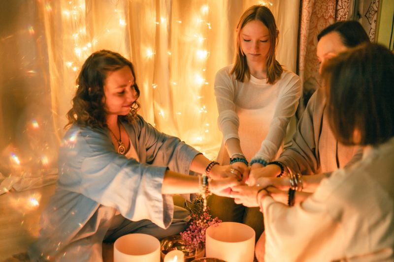 A group of women joins hands in a peaceful candlelit space, creating a moment of unity and intention. Soft lighting, bracelets, and mindful energy enhance the spiritual, healing atmosphere during their shared ritual.