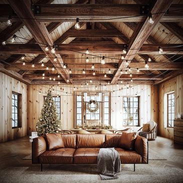 Cozy rustic living room with leather sofa and Christmas decor.