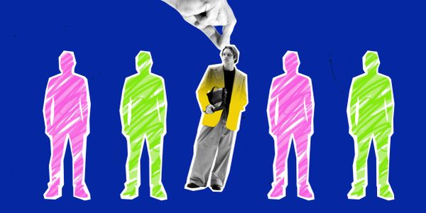 Hand selecting one colorized person from a line of figures.