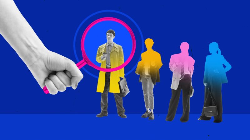 Modern collage. Hand holding magnifying glass focusing on man among diverse professionals. Concept of headhunting, job analysis, recruitment process, and talent identification.