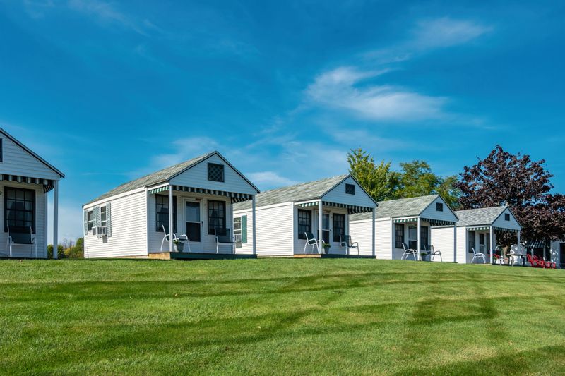 Rental cabins on the shores of Lake Champlain, Vermont, USA.