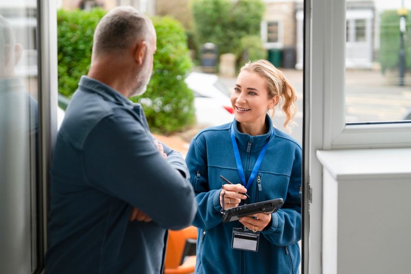 A service representative is smiling and taking notes while talking to a customer at their front door on a bright day. Both appear engaged in the discussion.
