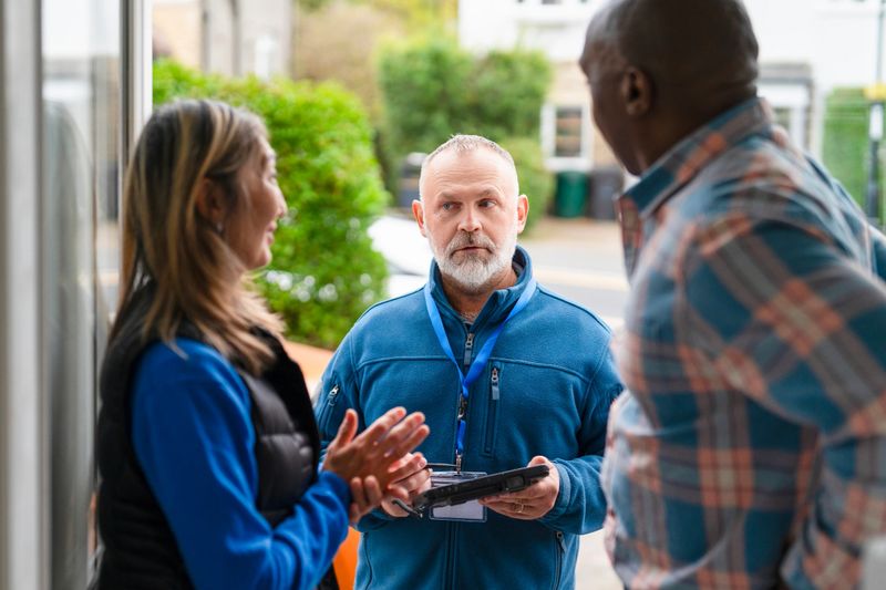 Two community members discuss with a service provider outside a building on a sunny day, sharing ideas and solutions for local needs in their neighborhood.