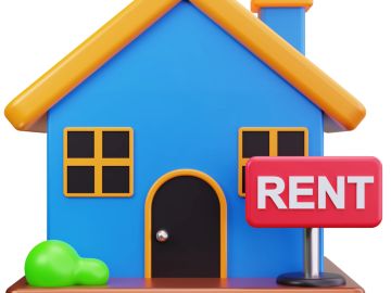 Blue house with rent sign in front.