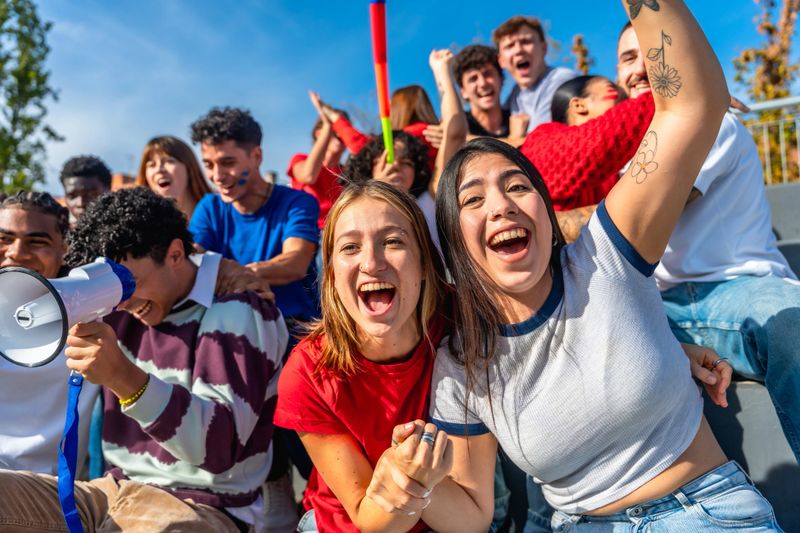 Young diverse friends cheering and raising arms in a stadium, celebrating a sports victory with joyful smiles, energy, unity and team spirit during a sunny event