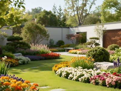 A vibrant garden with colorful flowers and neatly trimmed bushes.