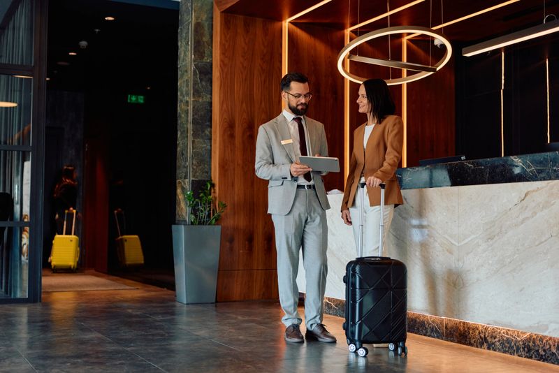 Hotel concierge helping a young adult female guest with luggage during check-in at the stylish reception area, providing excellent hospitality and travel assistance