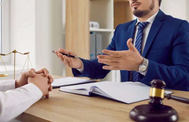 Serious male lawyer explains legal situation and discusses contractual documents with male client. Focus on hands of lawyer sitting at table near judge's gavel and scales of justice. Mid section.