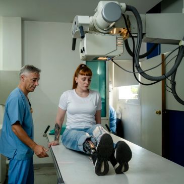 Woman with prosthetic leg and medical professional in clinic.