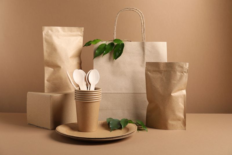 Different eco friendly packaging, tableware and leaves on light brown background