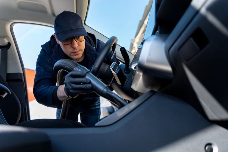Professional car detailer wearing gloves and cap, meticulously cleaning dust from a vehicle's dashboard with a vacuum