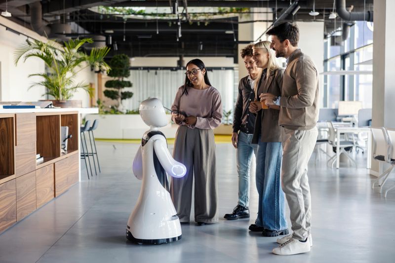 Diverse group of business people engaging with an ai robot, showing digital transformation and future workplace technology