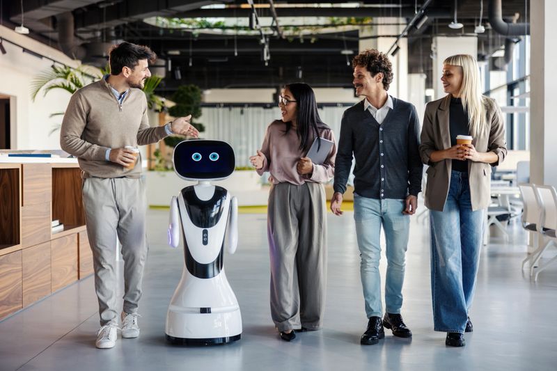 Diverse business colleagues walking and interacting with an artificial intelligence robot, integrating technology into their office workflow