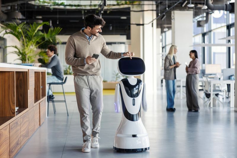 Young adult man using a smartphone and touching a robot's screen while walking through a contemporary office space