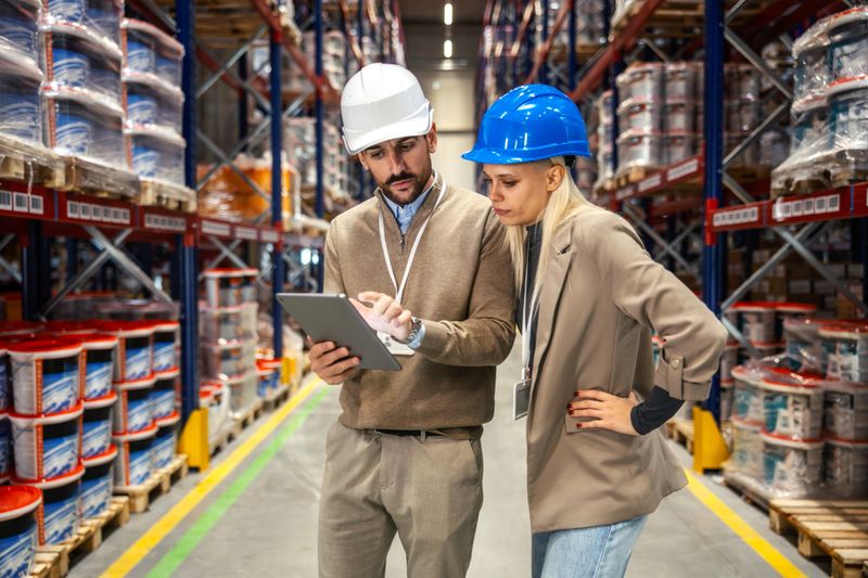 Two workers in hard hats discussing stock levels and checking data on a tablet in a large industrial warehouse