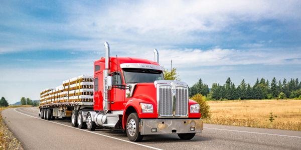 Red semi-truck carrying large wooden logs on a country road.