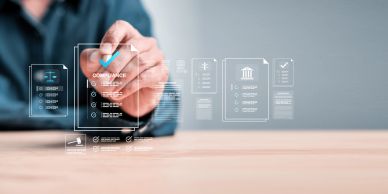 Person interacting with digital compliance interface.