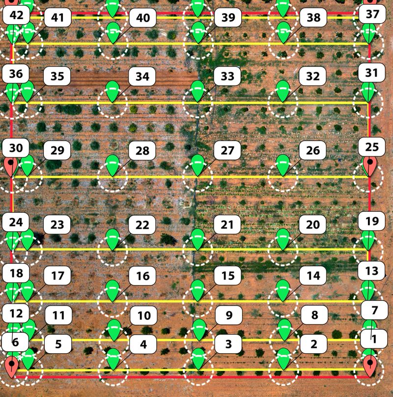 aerial mapping photogrammetry survey with a drone, agricultural crop, map points overlay over terrain