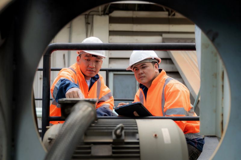 Two engineers in protective workwear check the operation of industrial pumps using a digital tablet inside a manufacturing plant. The image represents teamwork, technology, safety, and efficiency in the petrochemical and energy industry.