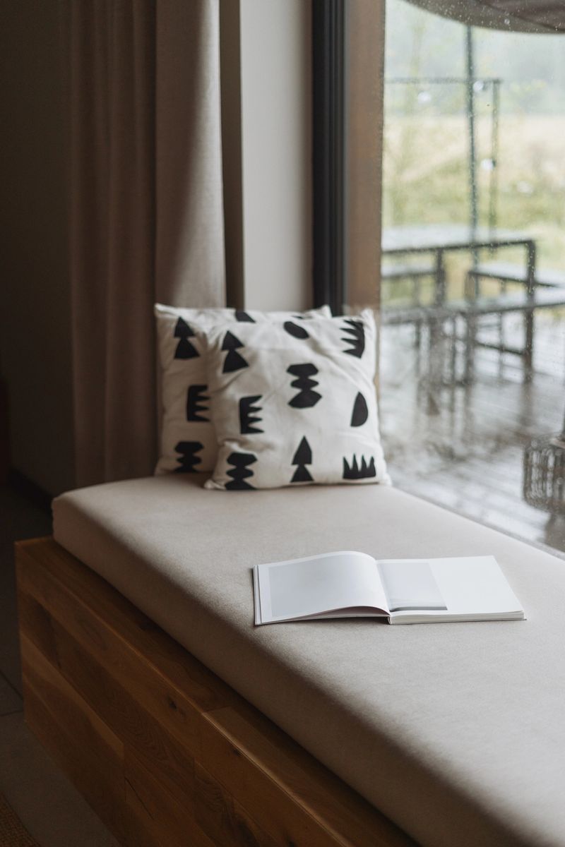 Day-bed adorned with a decorative and patterned cushions. Open book rests on the couch. Large windows with beautiful outdoor view let in natural light. Recreation moment on weekend in rented house