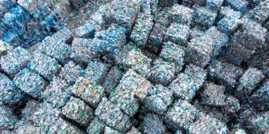 Compressed bales of recycled plastic waste.