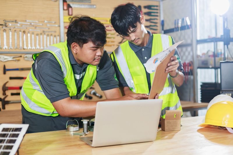 Teamwork engineering maintenance industrial technology safety management collaboration planning efficiency at workshop meeting with workers reviewing plans and laptop discussing procedures