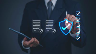 Businessman interacts with digital legal and security icons.