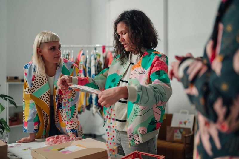 Three creative women, fashion designers, collaborating while creating colorful clothing designs in their studio workshop