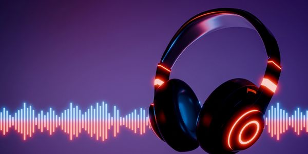 Black headphones with glowing red lights and soundwave graphics on purple background.
