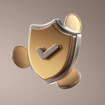 A golden shield with a check mark and coins symbolizing security and protection.