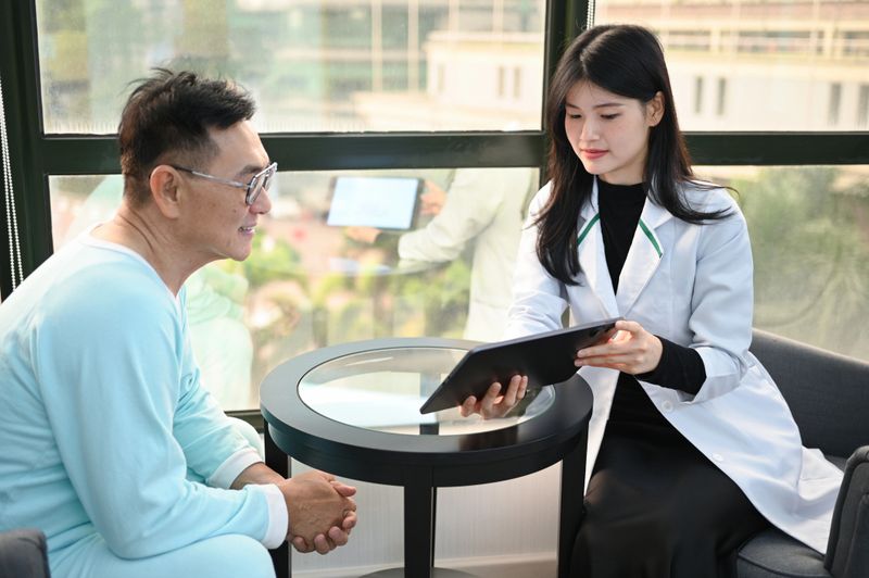 A doctor and patient sit together in a hospital as the physician explains diagnostic results on a digital tablet, promoting better awareness and shared decision-making in clinical practice