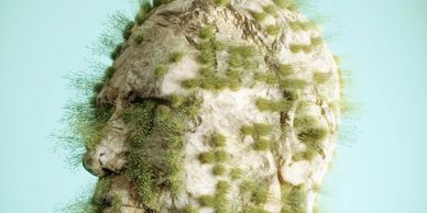 A stone head sculpture partially covered with green grass against a light blue background.