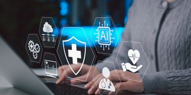 Person using laptop with floating digital health and AI icons.