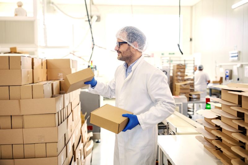 Man wearing protective uniform and gloves, stacking cardboard boxes in a sterile factory environment, ensuring quality control and logistics