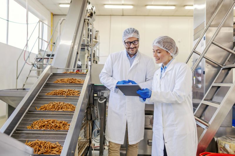 Two food production engineers wearing protective workwear analyzing quality control data on a tablet inside a factory
