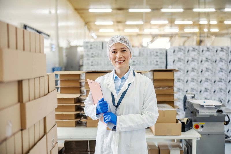 Female scientist or worker wearing a hairnet, lab coat, and gloves, holding a clipboard in a food industry warehouse